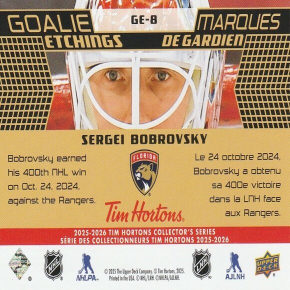 Sergei Bobrovsky - 2025/2026 Tim Hortons "Goalie Etchings" Card - Picture 2 of 2